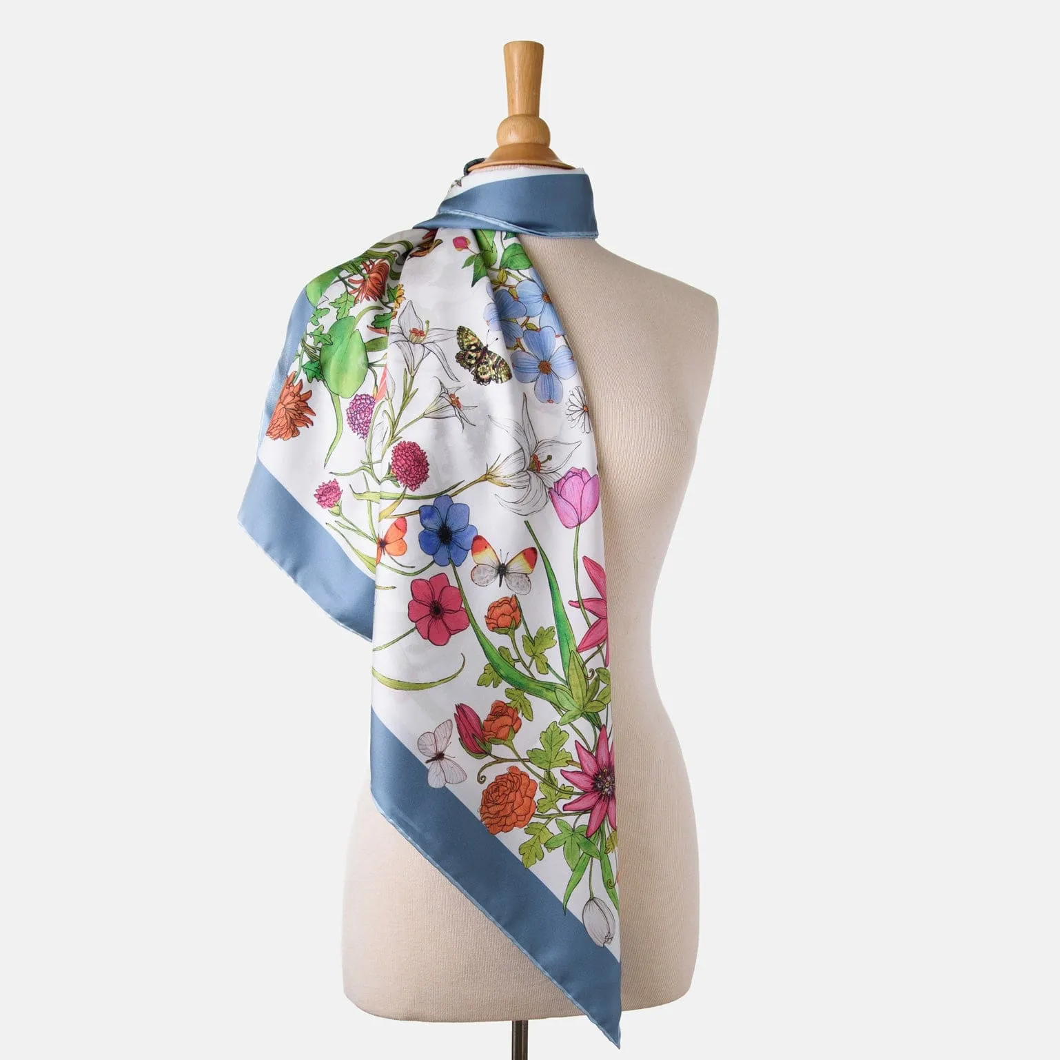 Flora - Hand Rolled Silk Foulard - Steel Blue