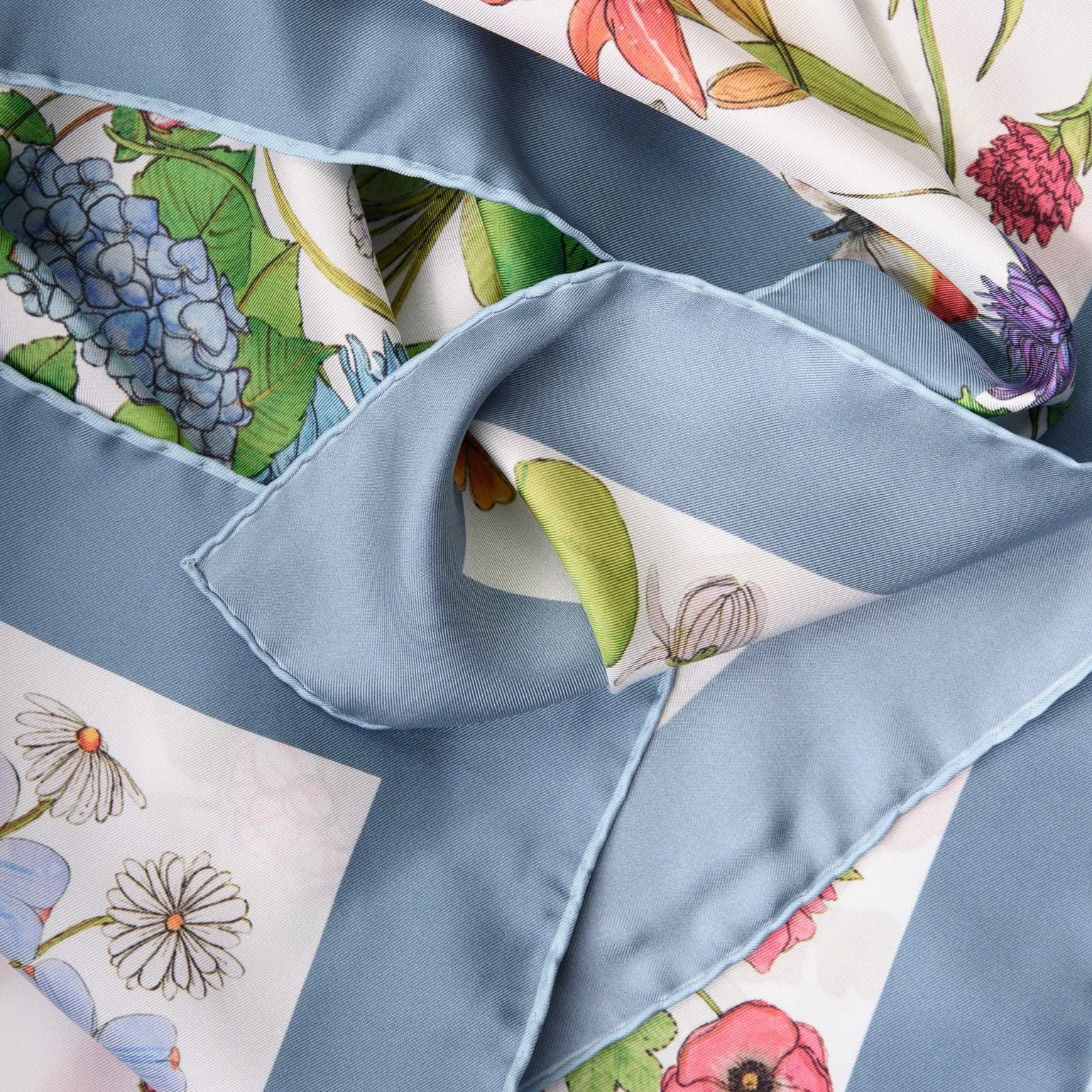 Flora - Hand Rolled Silk Foulard - Steel Blue