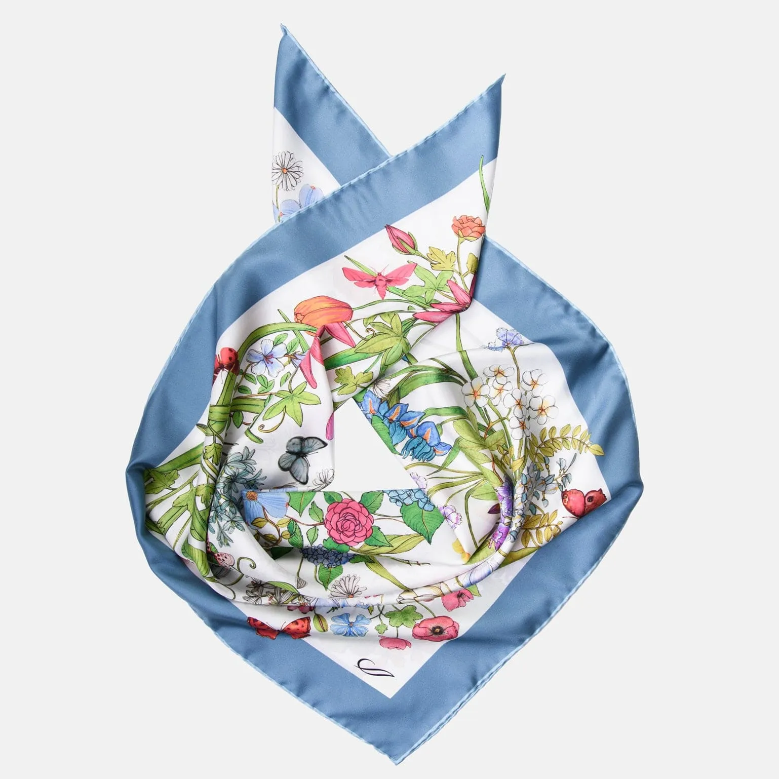 Flora - Hand Rolled Silk Foulard - Steel Blue