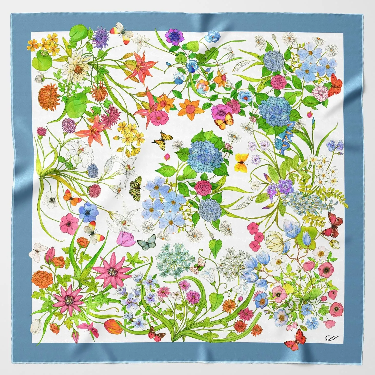 Flora - Hand Rolled Silk Foulard - Steel Blue