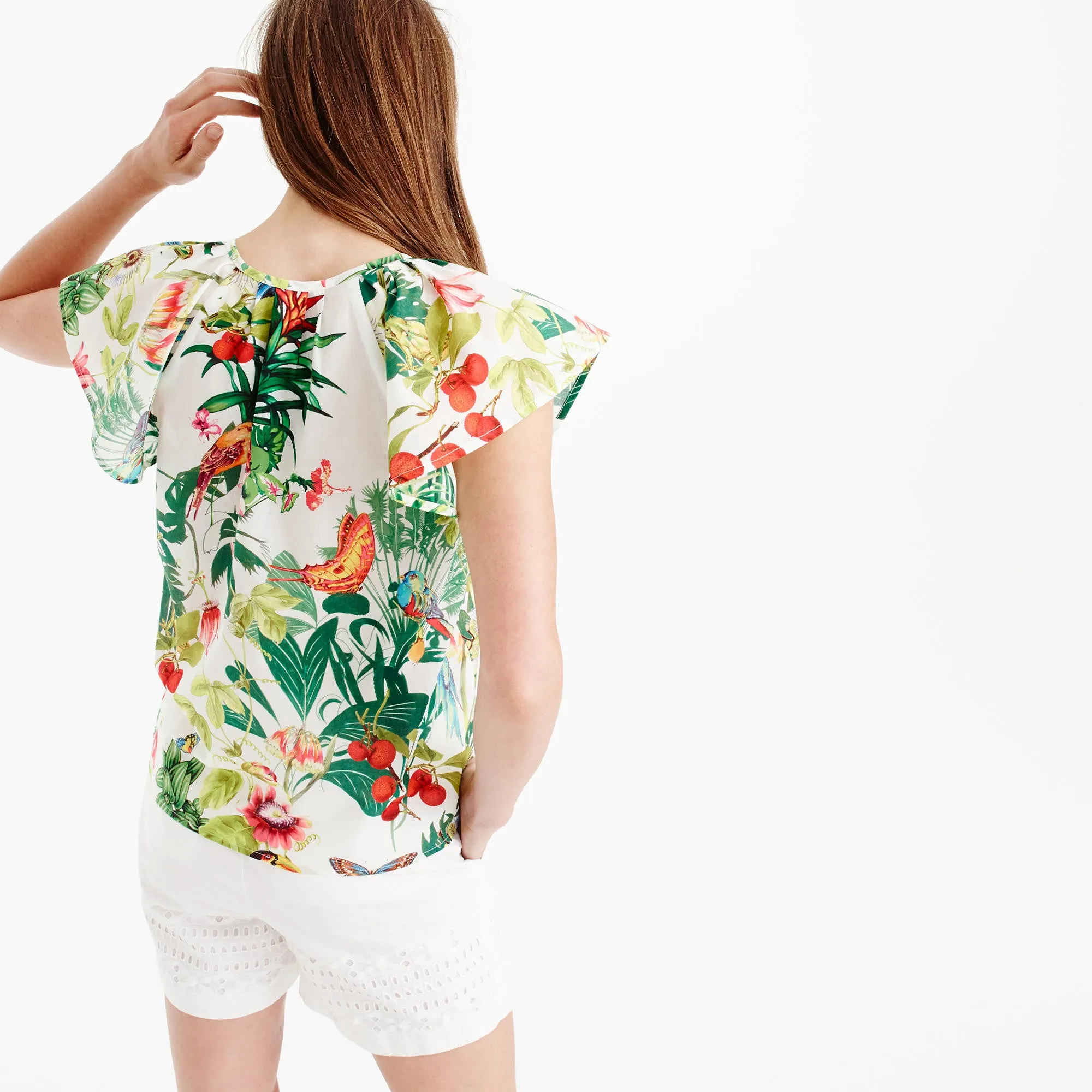 Ruffle-sleeve top in Ratti® Into the Wild print